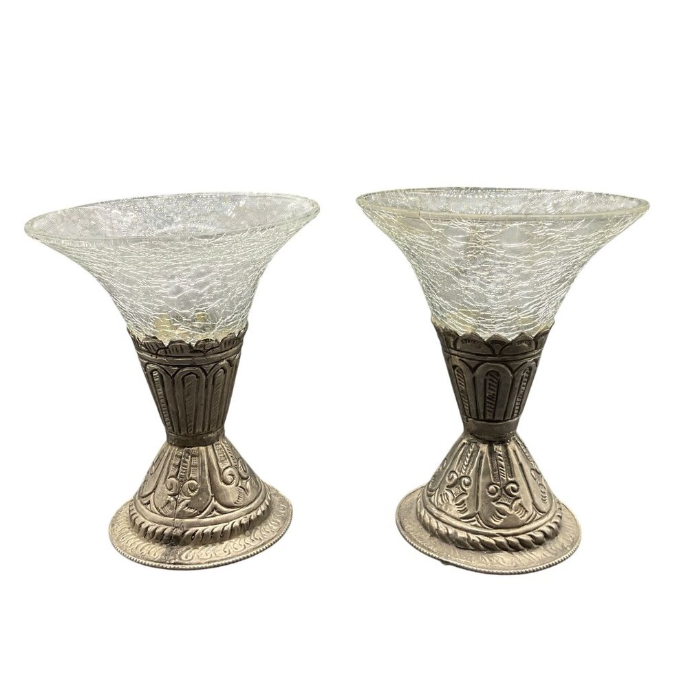 Pair of Crackle Glass with Metal base Goblets or Candle Holders 6"H x 5"D